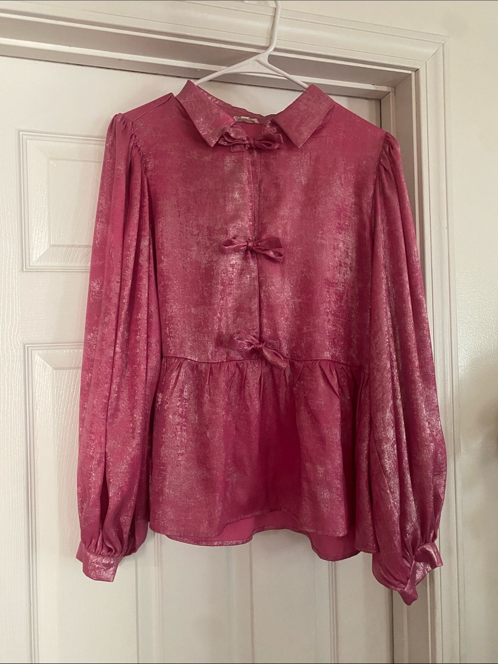 Women's Pink Satin Bow-Front Long Sleeve Top